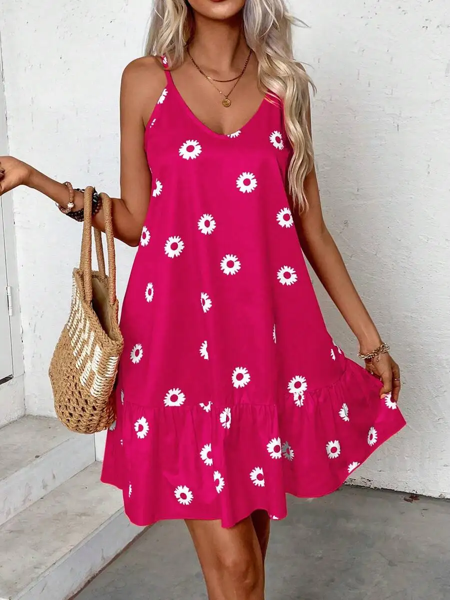 Damenkleid mit Blumenmuster und Spaghettiträgern, einfaches, alltägliches, lässiges Maxi-Sommerkleid, Damen-Sommerkleidung