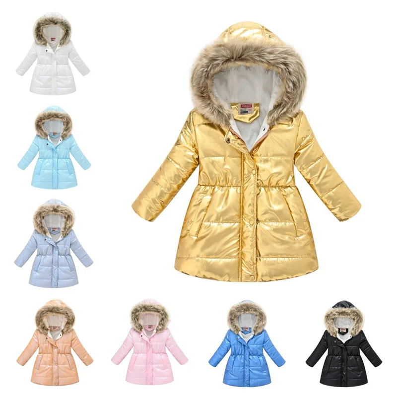 Children's Thickened Padded Coat Boys Hooded Hair Collar Cotton Jacket Girls Glossy Mid-Length Coat Winter New Warm Parkas 4-10Y