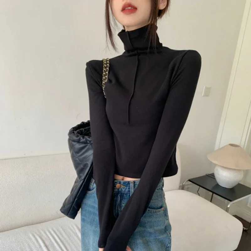 Turtleneck Long-sleeved T-shirt Women Autumn and Winter New Solid Bottoming Shirt Slim Short Versatile Tops Female
