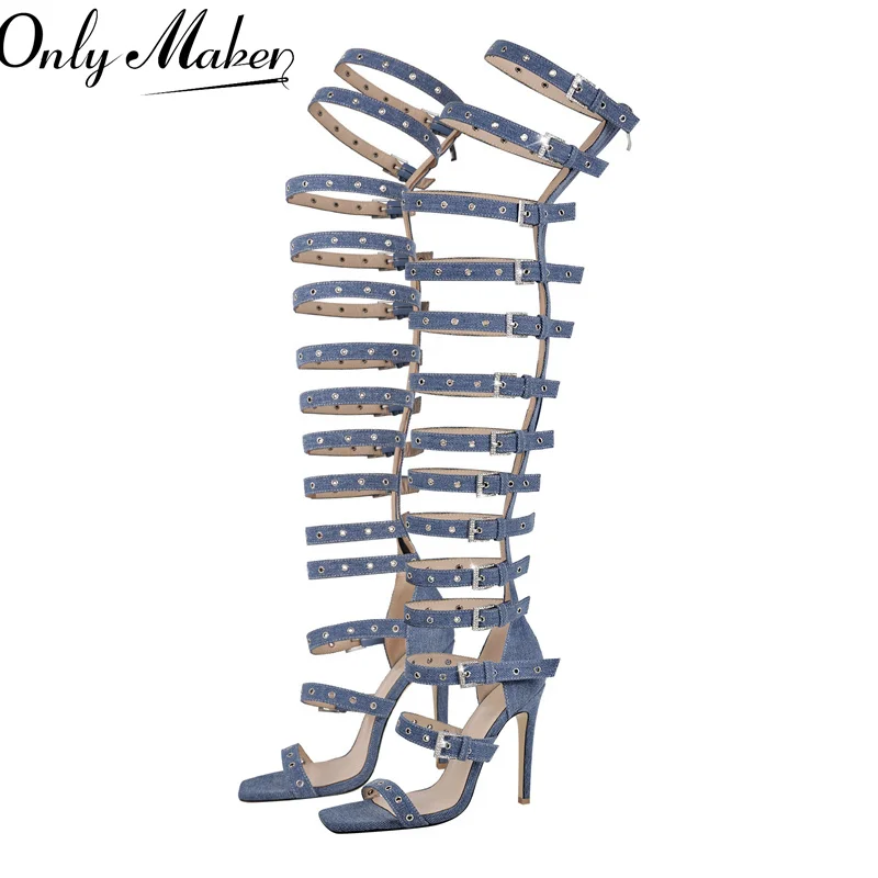 Onlymaker donna Denim Hollow Buckle Starp stivali a spillo alla coscia sandali tagliati alla coscia alti stivali scavati