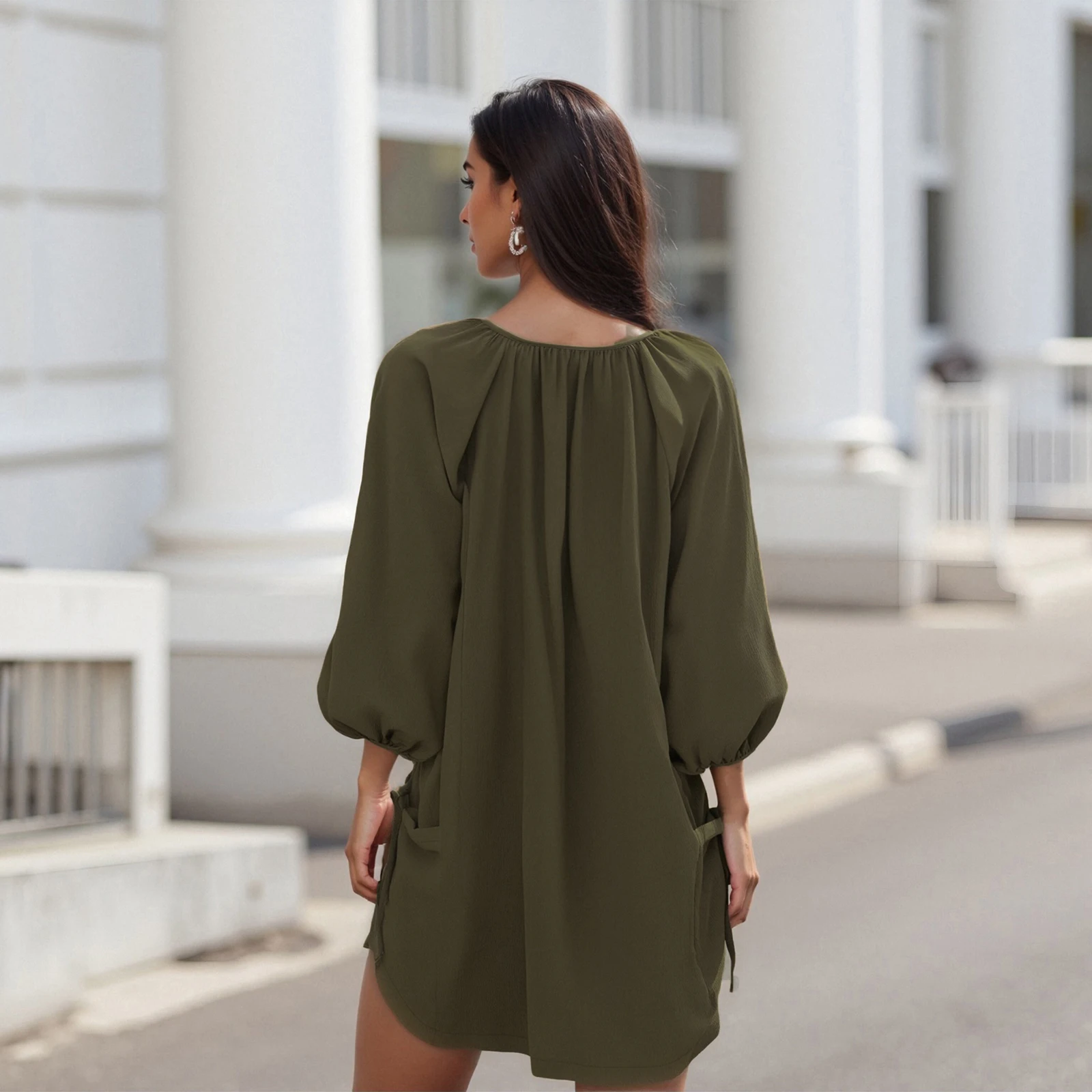 Women s Short T-shirt Dress Long Lantern Sleeve Round Neck Solid Color Button Up Dress with Pockets