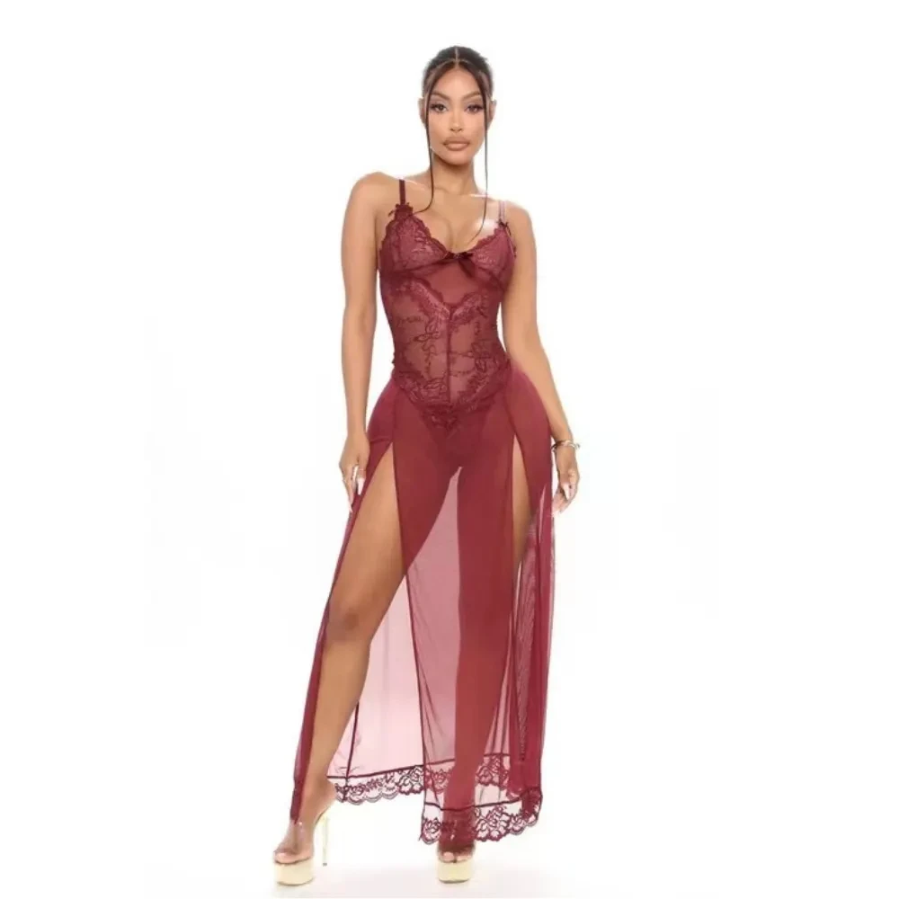 Plus Size Mesh Sling Nightdress Lace Emotional Lingerie Sexy Nightwear Female Temptation Nighties for Women Sleeping Dress S-5XL