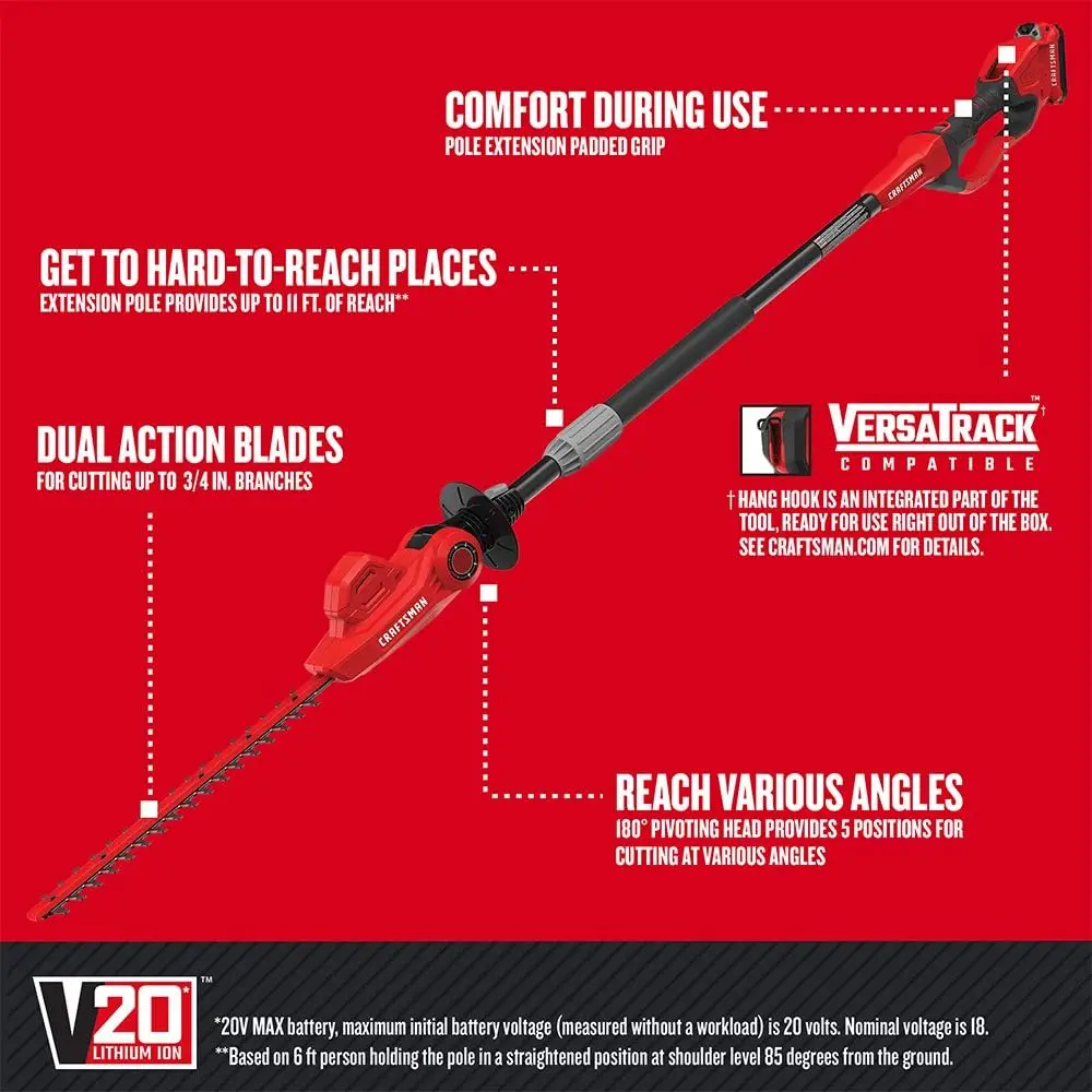 V20 Cordless Pole Hedge Trimmer, 18-Inch, Extended Reach, Battery and Charger Included