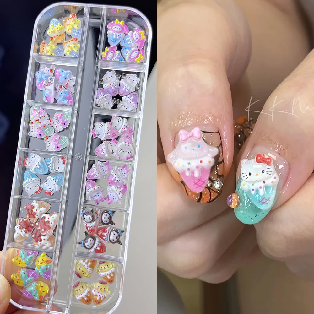 12 griglie (48 pezzi) accessori per unghie Hello Kitty gelato scintillante Ktiiy con design glitter pendenti per unghie Kawaii Summer Manicure Deco