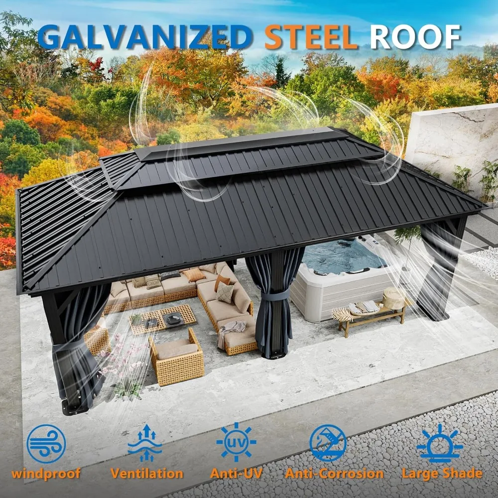 12x20 Hardtop Gazebo with Metal Roof, Heavy Duty Galvanized Steel Gazebo with Reinforced Aluminum Frame