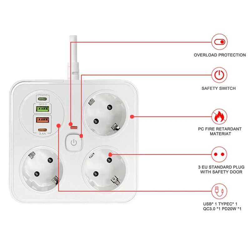 

3AC Outlet Multitap Power Strip 2 Type C Extension Cord Electrical Socket Home Office Surge Network Protector EU Plug A-AA26