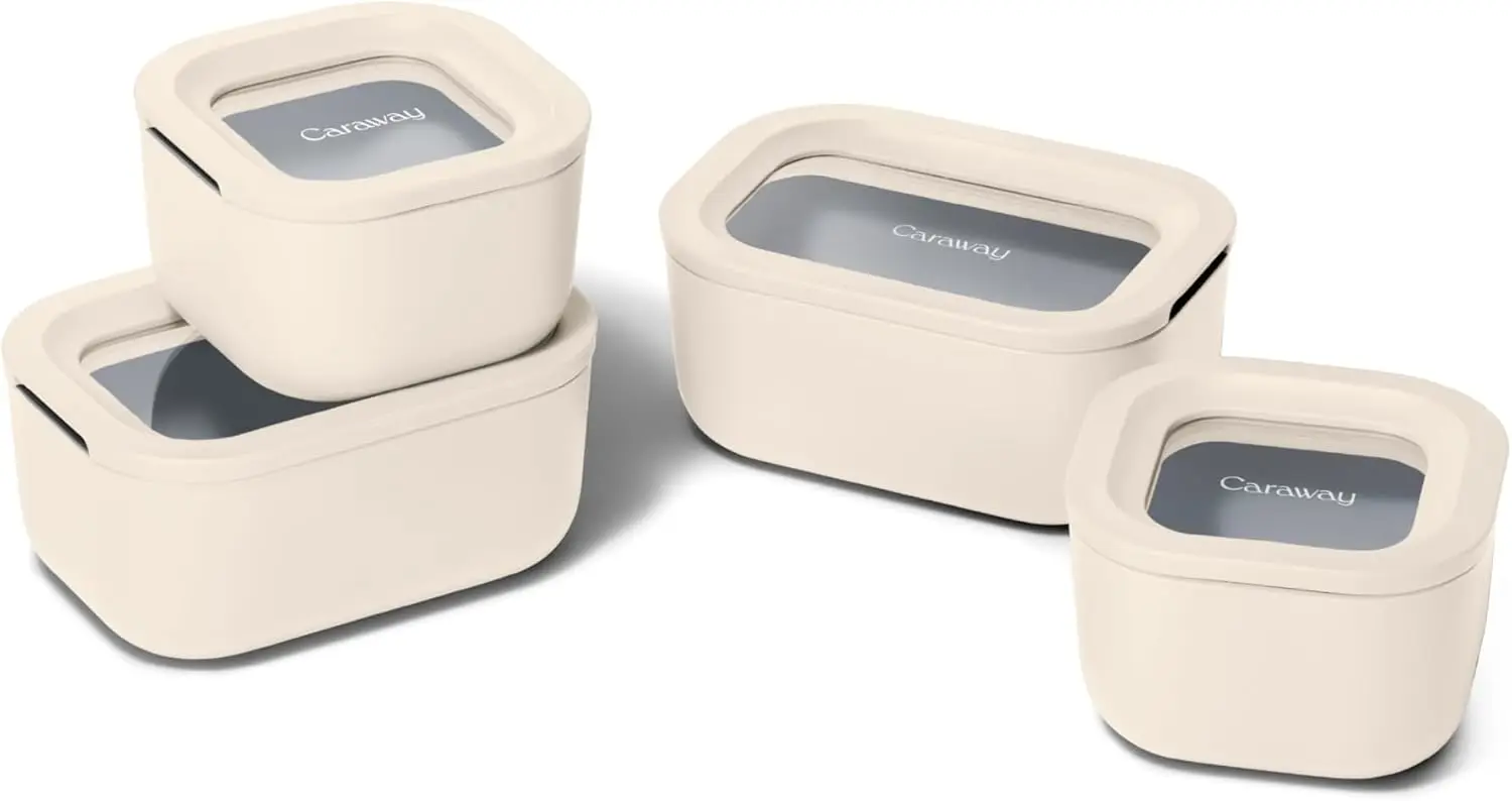 

9-Piece Mini Glass Food Storage Set with Ceramic Coating, Air Release Tech, Stackable Design in Cream