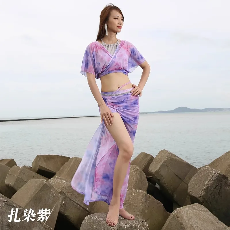 Customized Belly Dance Costume Practice Dress Sexy Water Yarn Fabric Performance Dress Female Adult Set Top Long Skirt vest 3Pcs