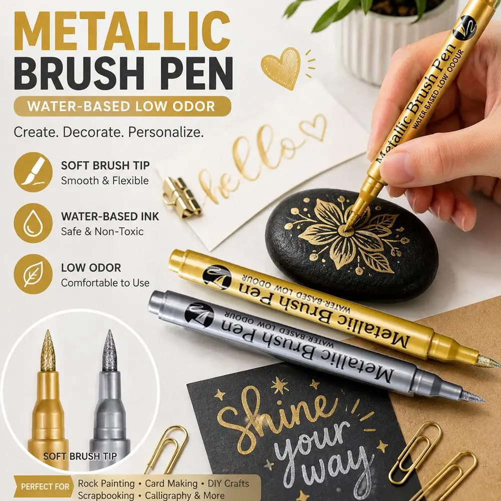 Metallic Brush Marker Pens Gold Silver Soft Tip Based Paint Rock Painting Card Making Calligraphy Scrapbooking Art Supplies