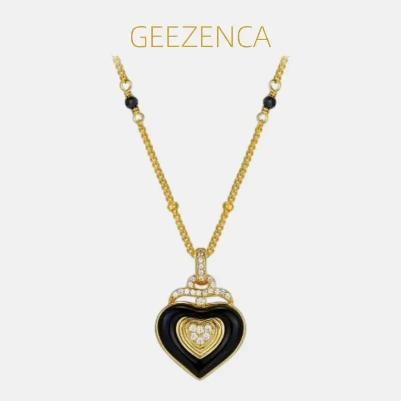 

GEEZENCA Natural Black Agate 925 Sterling Silver Heart Shaped Pendant Necklace For Women Vintage Gorgeous Love Necklaces Gift