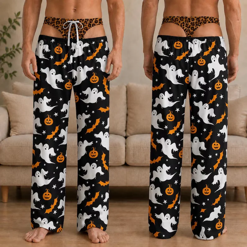 Fun Men's Halloween Split Hip Flip Design Black and White Color Ghost Bat Pumpkin Print Fun Party Casual Home Clothes Pants