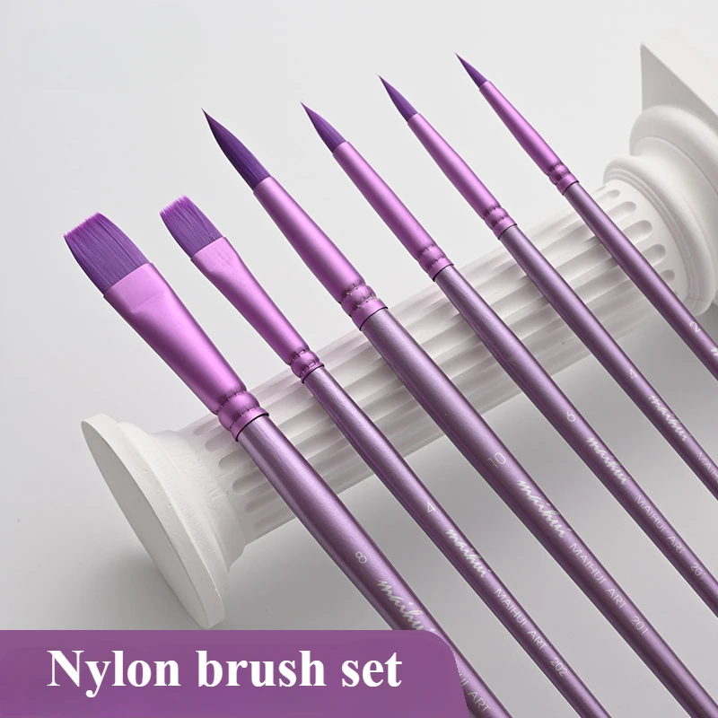 4/6pcs Watercolor Brush Set Nylon Hair Round Head Flat Head Purple Green Rod Brush Art Students Special Painting Supplies