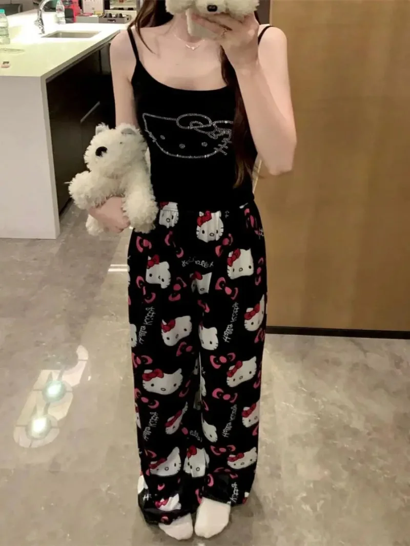 

Cute Hello Kitty Printed Pajama Pants Women's Comfy Lounge Wear Summer Elastic Waist Kawaii Couple Sleepwear Home Outfit