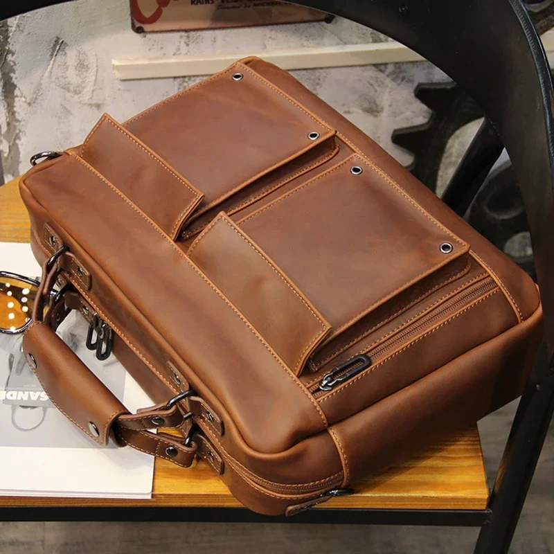 2024 Brown Men Vintage Handbag Business Documents Briefcase Portfolio Laptop Bag Shoulder Messenger Bag Office Handbag