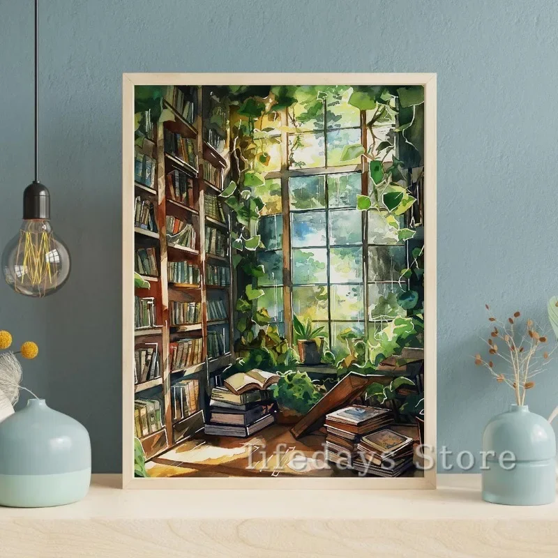 Vintage Greenhouse Library Bookish Books Plants Poster Canvas Printing Book Store Antique Wall Art Picture Reading Room Decor