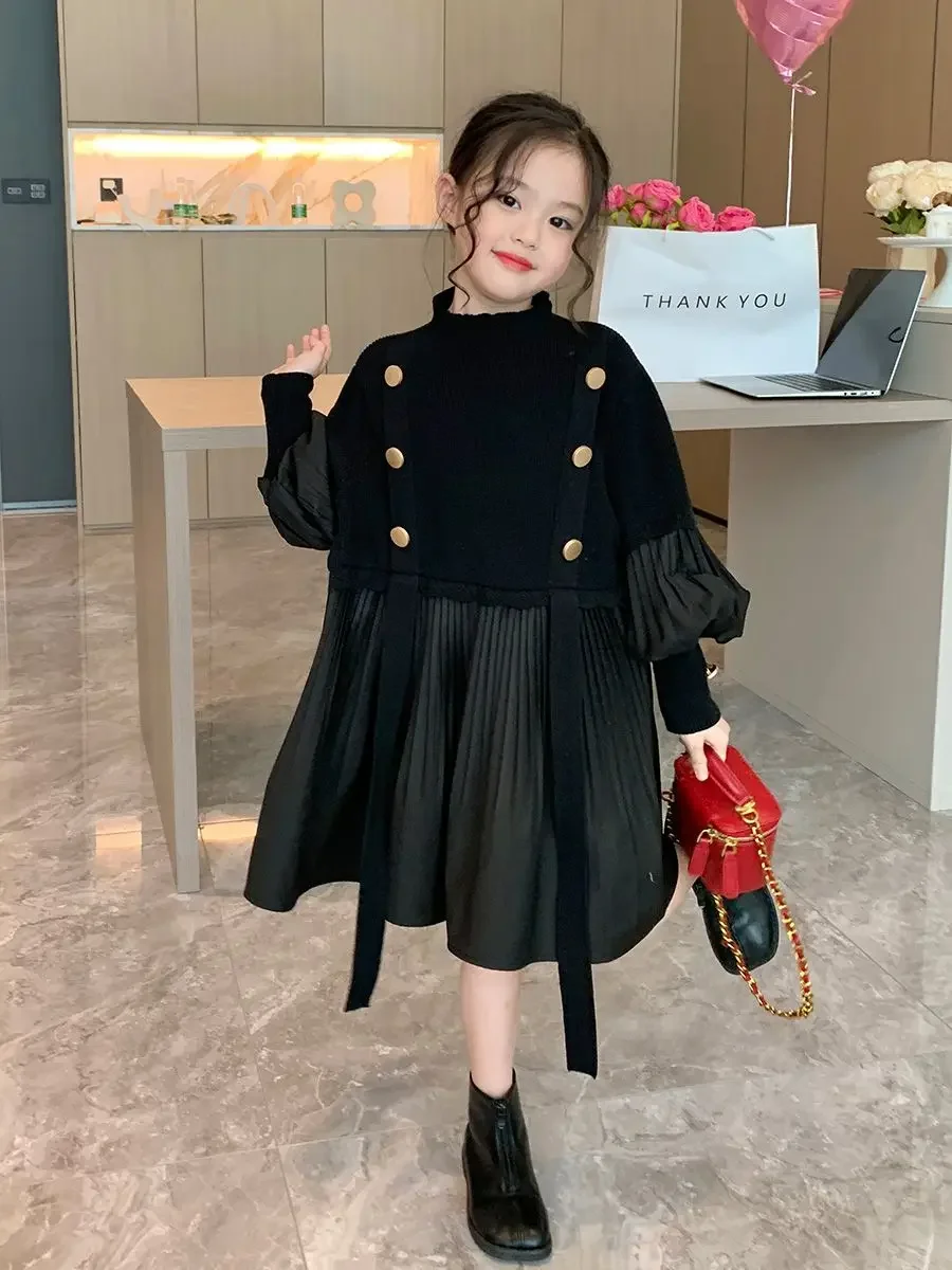 

Girl Princess Clothes Winter Autumn Children Christmas Party Pleated skirt Black Knit Dress Warm Kids Lapel Vintage Elegant Skir