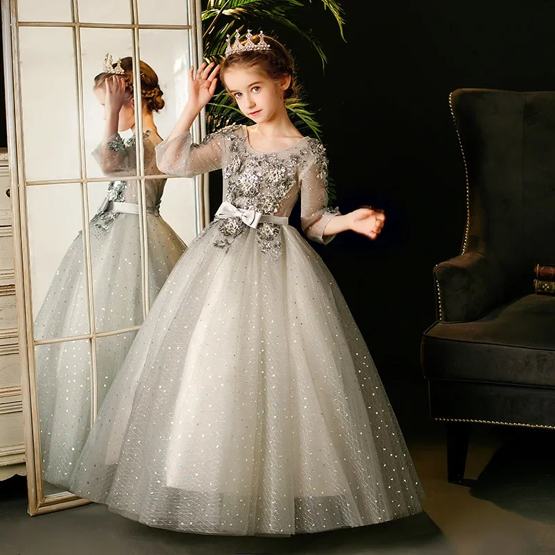 

GUXQD Grey Ball Gown Baby Flower Girl Dresses Tulle Appliques Children Wedding Prom Birthday Party Gowns