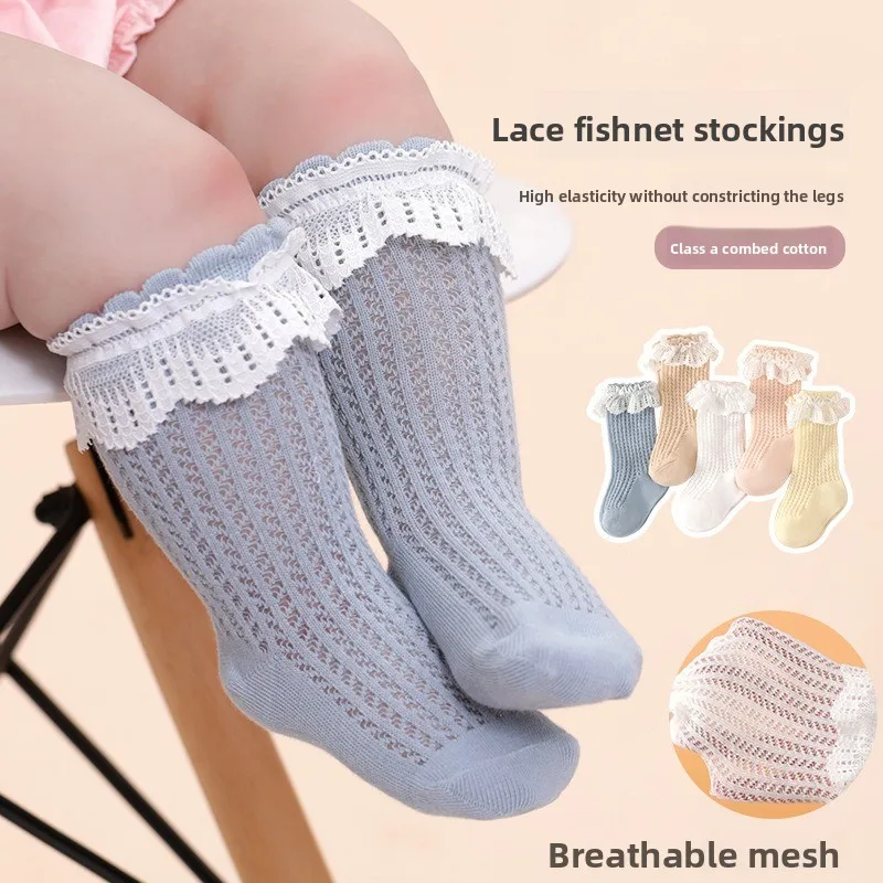 Sommer- und Herbst-Babysocken mit Grobem Netzspitzenmuster, Dünn, Atmungsaktiv und Niedlich im Prinzessinnen-Stil, Baumwollsocken mit Hohem Schaft für Kinder