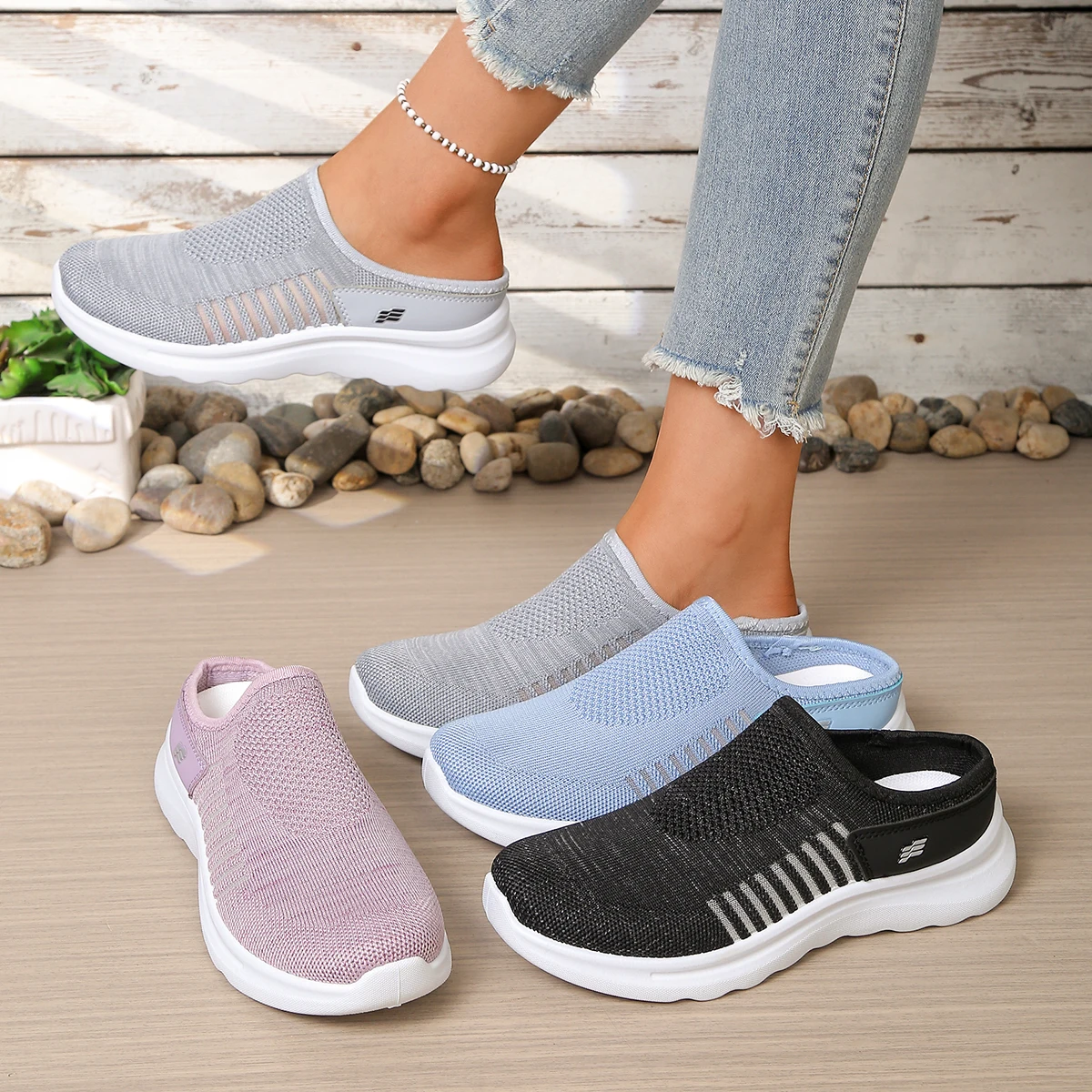 Women's Breathable Knit Backless Mule Sneakers,Comfortable Non-slip Slip-On Walking Shoes,Lightweight Sport Slides,Drop Shipping