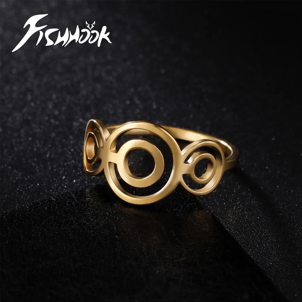 Fishhook Simple Geometric Double Circle Finger Ring Stainless Steel Hollow Gold Color Fashion Gift For Man Woman Jewelry