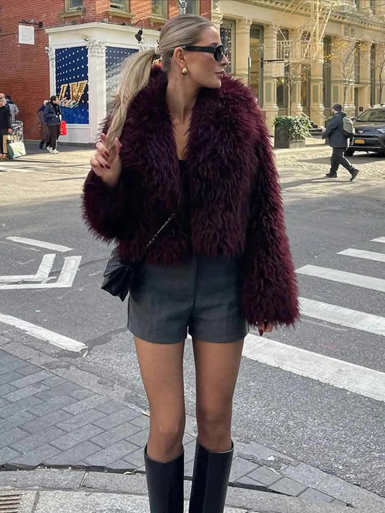 Elegant Lapel Burgundy Thicken Plush Faux Fur Coats For Women Chic Warm Soft Oversized Casual Jackets 2024 Lady High Streetwear