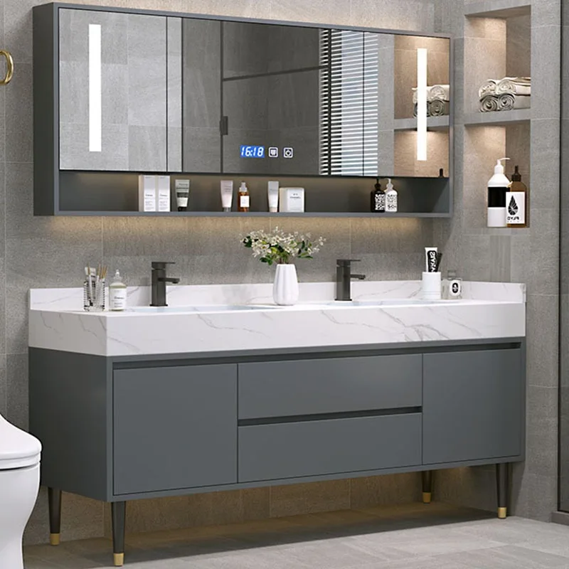 High-end slate double basin bathroom cabinet combination modern simple bathroom floor-to-ceiling bathroom washbasin hand