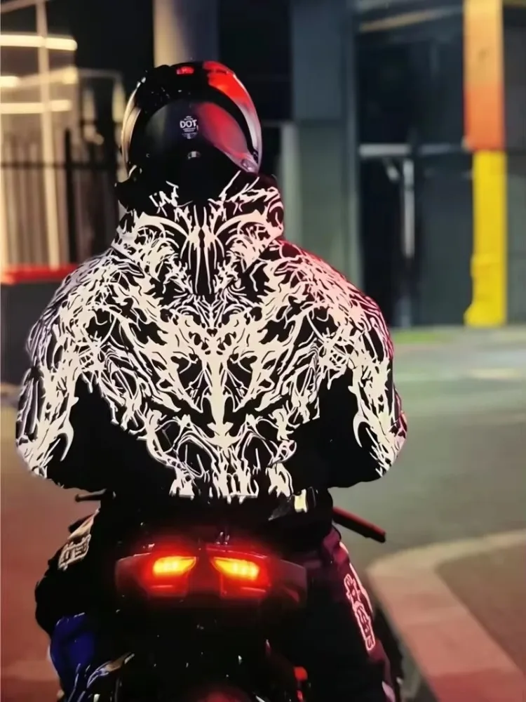 Reflektierender Hoodie im Street-Stil für Herren, Y2k-Stil, Gothic, langärmelig, Pullover, Kapuzenpullover, lockerer Schnitt, Motorradfahrer, für Ausflüge in der Nacht, Neu – Detail 6