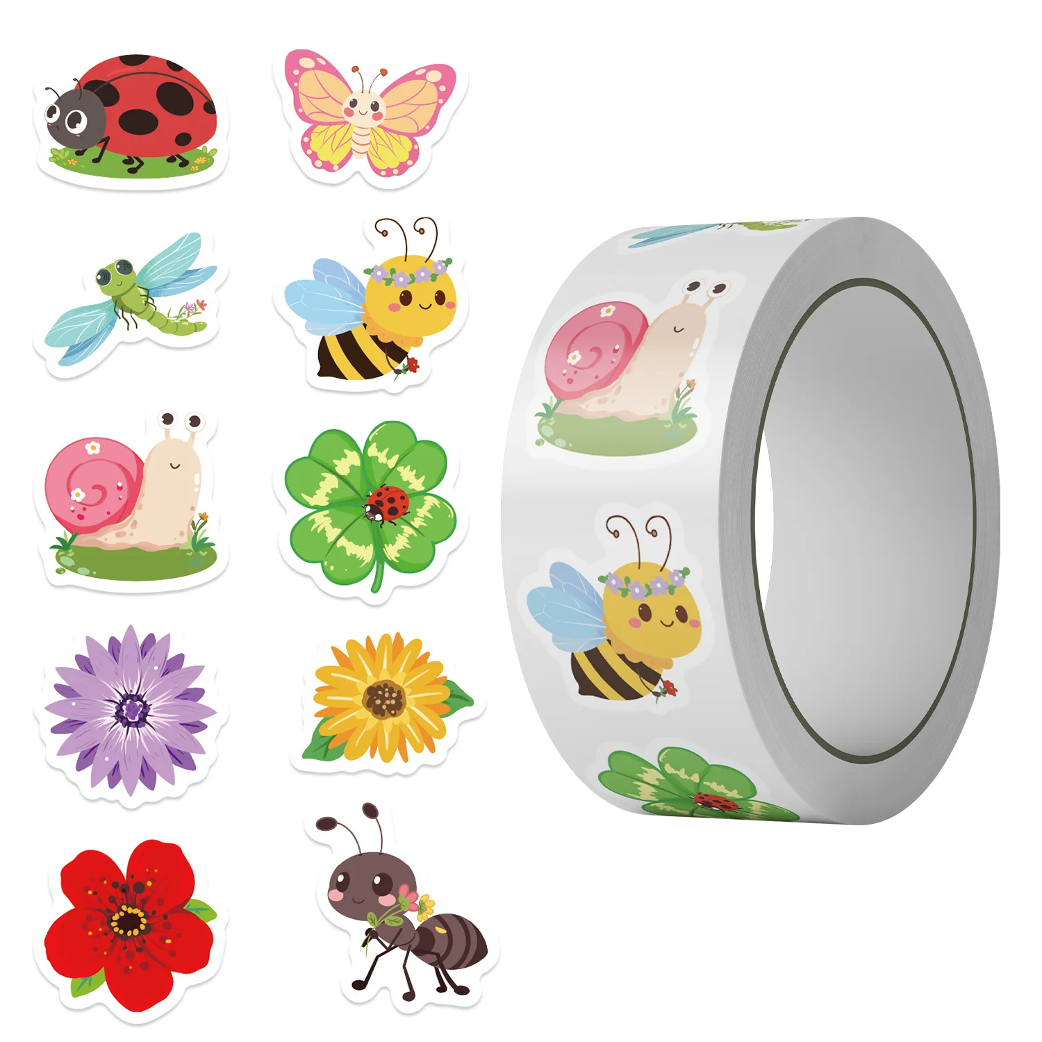 500 PCS Flower And Insect Roll Stickers Cute Cartoon Pattern DIY Journal Self Adhesive Envelope Sealing Decor Labels