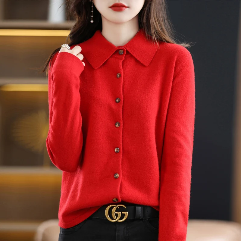 Spring And Autumn Winter POLO Neck Wool Knitted Shirt With Loose Long-Sleeved Sweater Cardigan Temperament Lapel Coat Bottoming