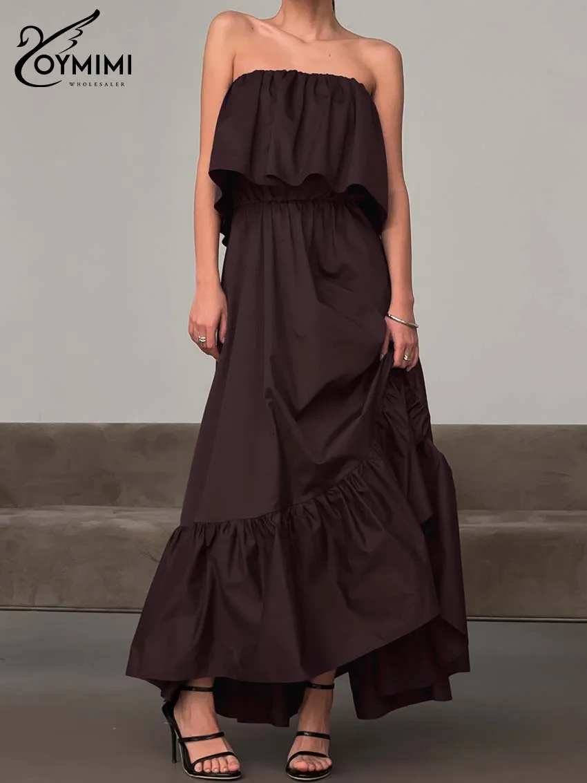 

Oymimi Fashion Purple Cotton Women's Dress Elegant Strapless Ruffle Open Back Dresses Autumn High Waist Loose Ankle-Length Dress