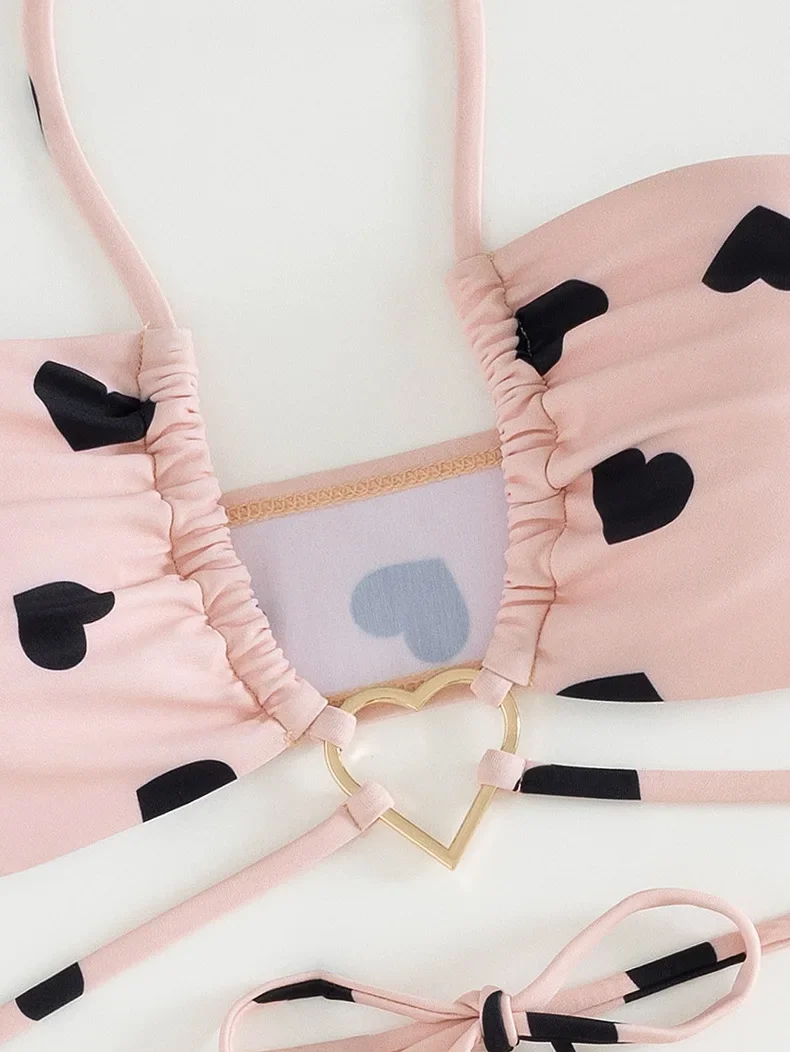 Sexy Herz-Druck-Mesh-Rock, 3-teiliges Bikini-Set für Damen, plissiert, Bandage, Kreuz-Cover-Up-Badeanzug, 2025, Strand-Badeanzug, Bademode