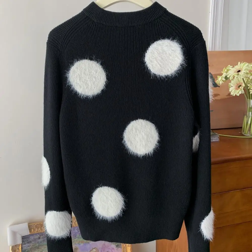 White Dot Wool Blend Polka Dot Knitted Black Sweater Pullovers Designer Brand Fashion Casual O-Neck Jumper 2024 Spring New