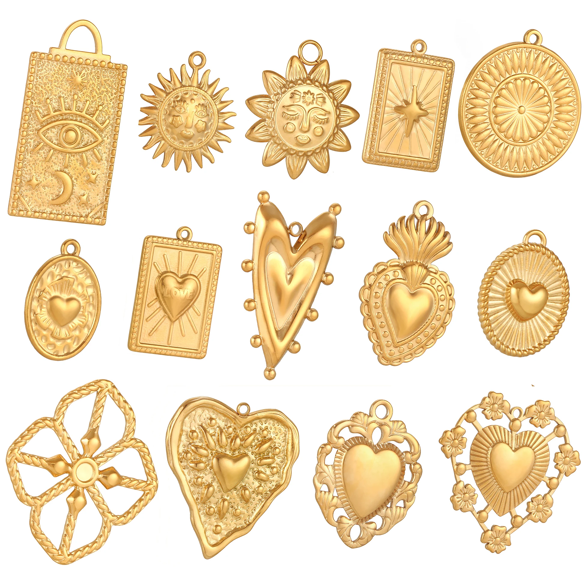 3Pcs Large Heart/Sun Face/Flower Charms Stainless Steel Rectangle Big Pendants for Jewelry Connector DIY Necklace Jewelry Making
