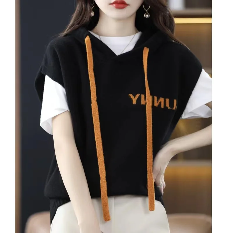 女性の秋冬フード付きスウェットニットセーターウールベスト暖かく快適な通気性のあるピュアカラー通勤スレ