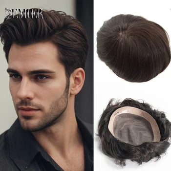 Toupet brun foncé pour hommes, 100% cheveux humains, unité de système de remplacement, délié naturel, mono fin avec prothèse de cheveux NPU, perruques masculines