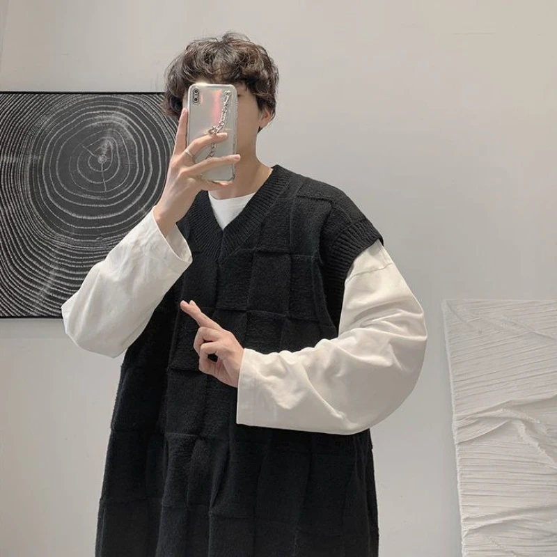 

Мужской вязаный жилет с v-образным вырезом в гонконгском стиле, однотонный свободный жилет без рукавов для пар, модный универсальный пуловер