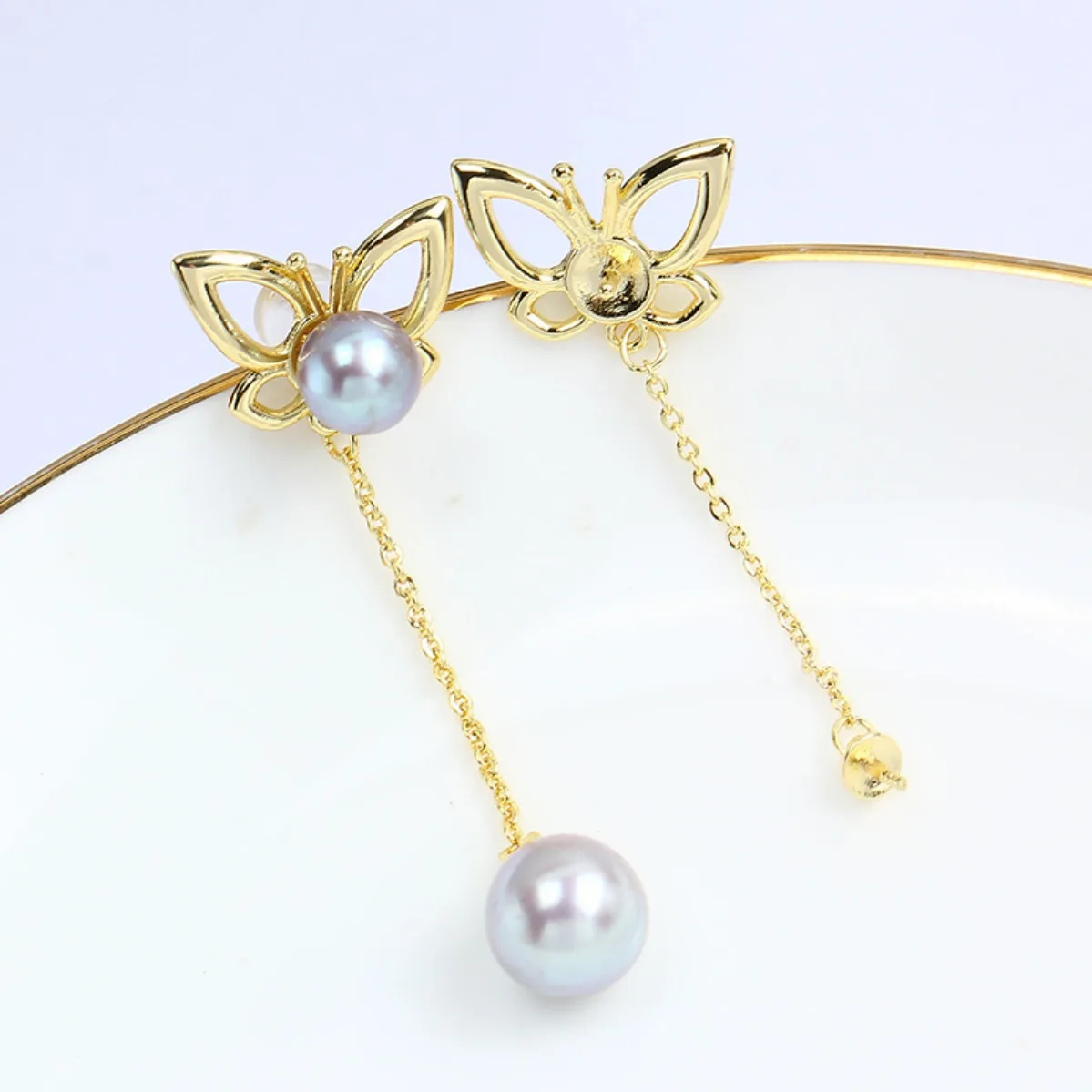 Brass 14K Gold Plated Smooth Butterfly Blank Setting S925 Silver Needle Women DIY Pearl Stud Earring Accessories Elegant
