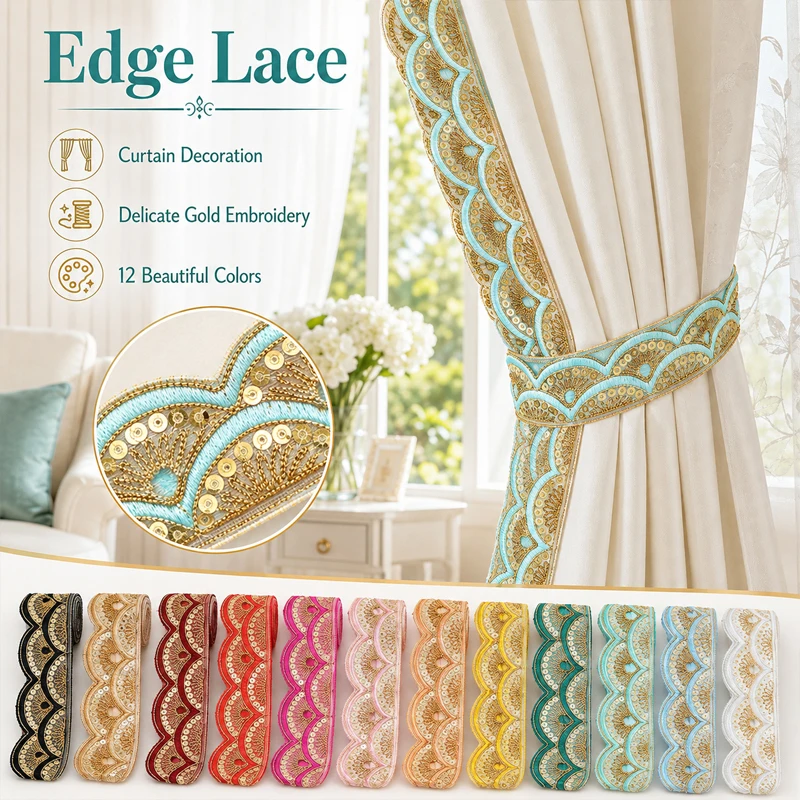 10yards Ethnic Style Embroidery Sequin Lace Trim Decorative Edge Tape for Thai Dai Costume Collar Skirt Cuff DIY Sewing