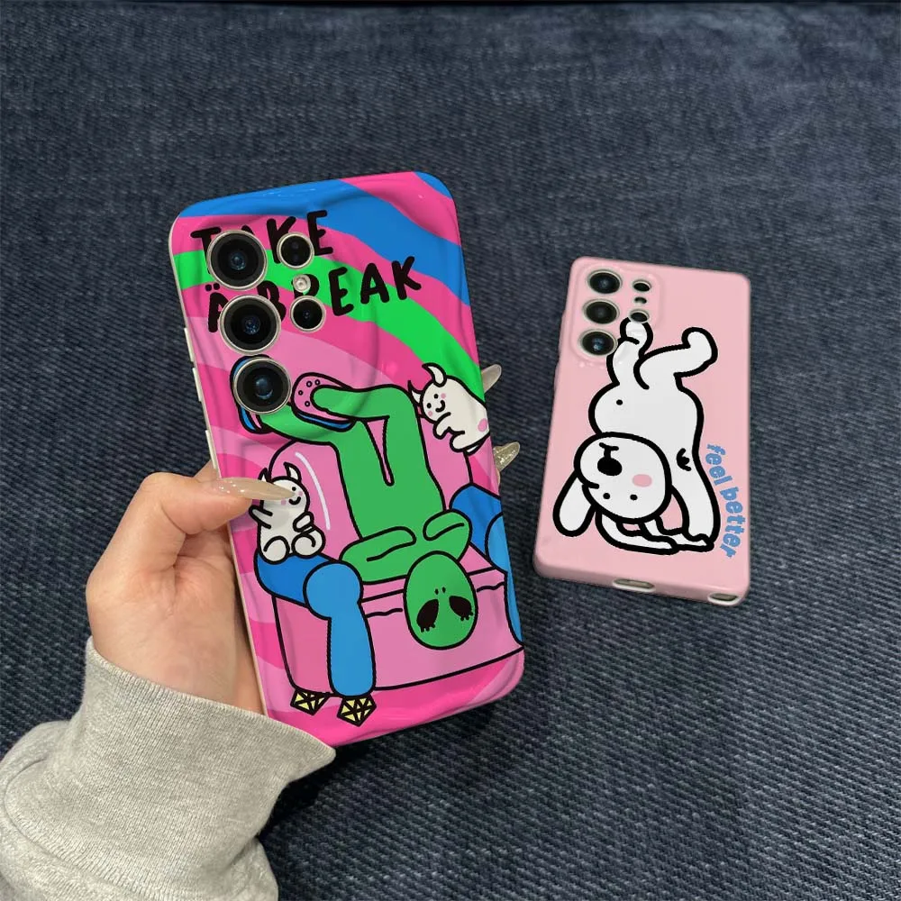 

Cartoon Break Relaxing Sofa Phone Case For Samsung Galaxy S21 S23 S24 S25 S26 FE Lite Plus Ultra 5G Wave Oil Film