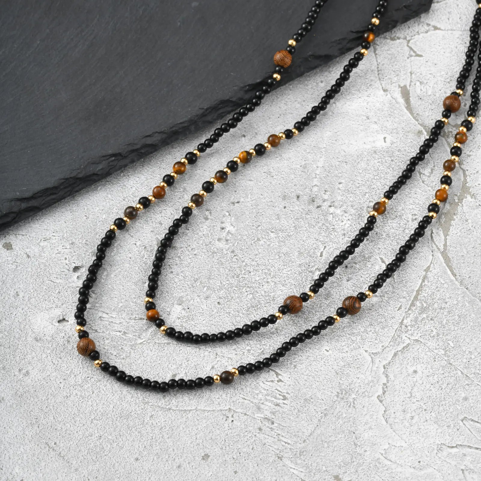 Ethnische Herren-Halskette aus schwarzem Naturstein, Vintage Zweischichtige Perlenkette, Schmuckgeschenk für Ehemann, Vater, Ihn – Detail 3