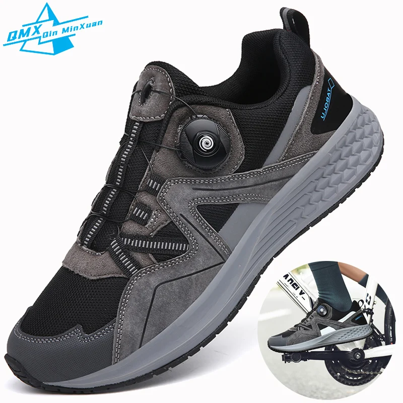 Professional MTB Cycling Shoes Men Flat Leather Breathable Dual Use Leisure Outdoor Self-locking Mountain Bicycle Sneakers