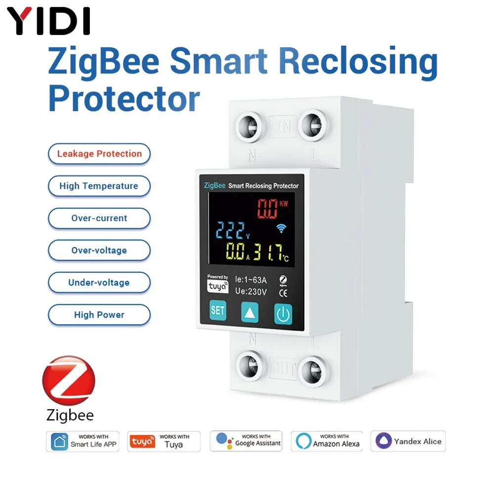 Tuya ZigBee Smart Reclosing Protector Circuit Breaker 63A Earth Leakage Over Under Voltage Relay Switch Energy Meter Smart Life