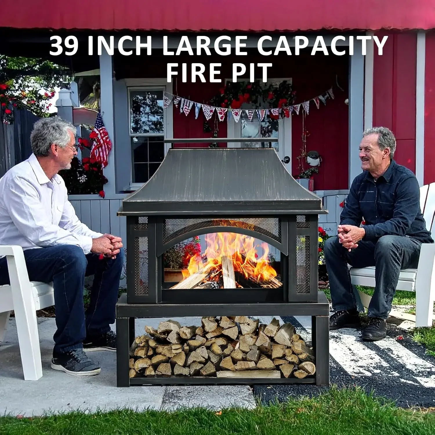 Chimenea grande para exteriores con chimenea, fogones de 39" con almacenamiento de madera para exterior, pantalla de chispa de malla y póker de fuego