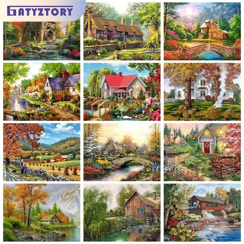 

GATYZTORY Oil Painting By Numbers On Canvas Countryside Scenery For Adults Coloring By Numbers Handicrafts Wooden House Paint Ki