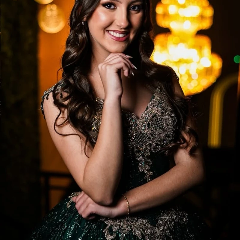 

Shiny dark green Off Shoulder Quinceanera Dress Tull crystal glitter applique vestidos de 15 Quinceanera Customized