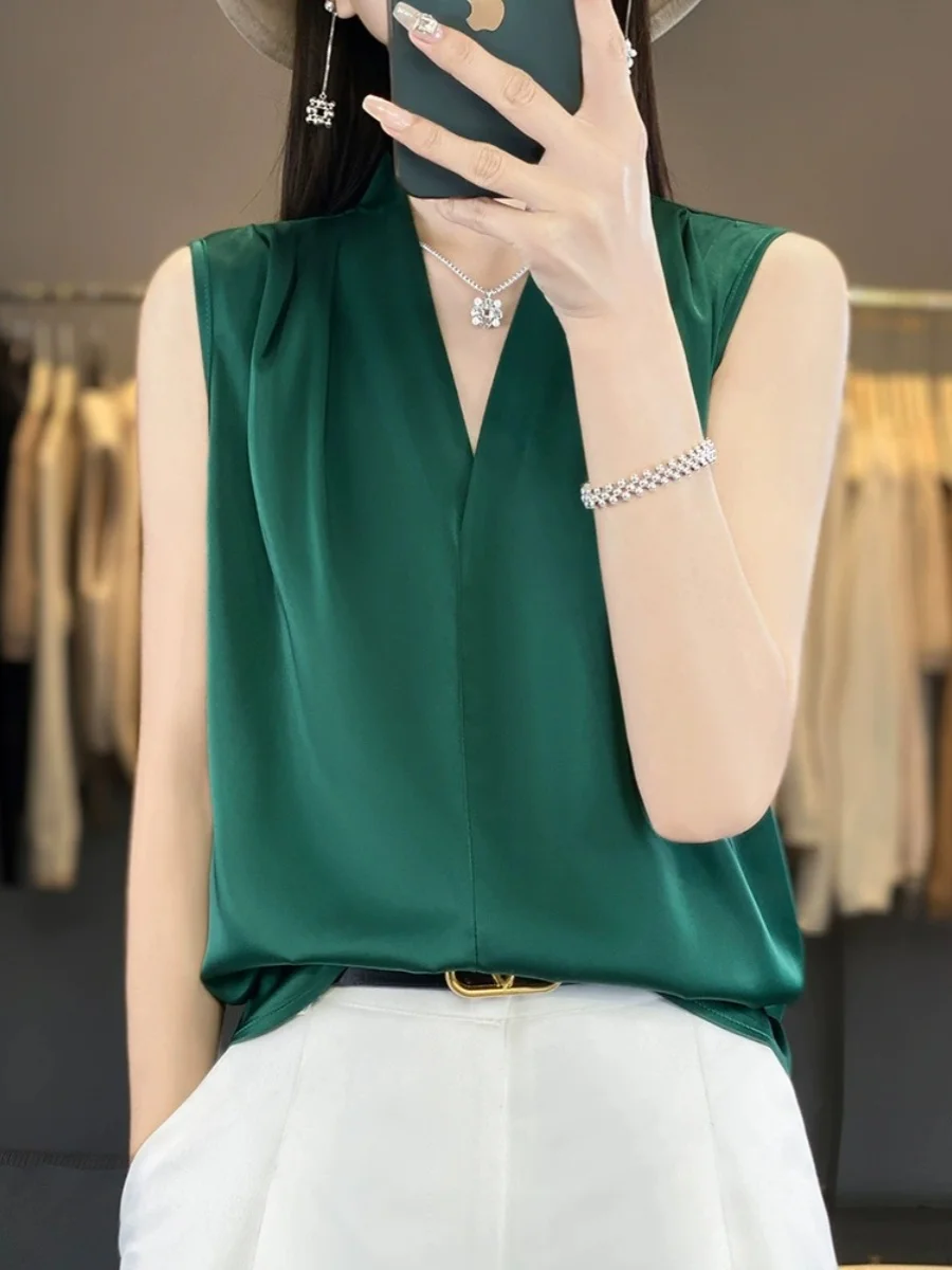 Ele V-Ne Silk Acetate Satin Women's Tank Top Svel Summer irt Inner Wear Casual Comfortable Loose Fit  Color