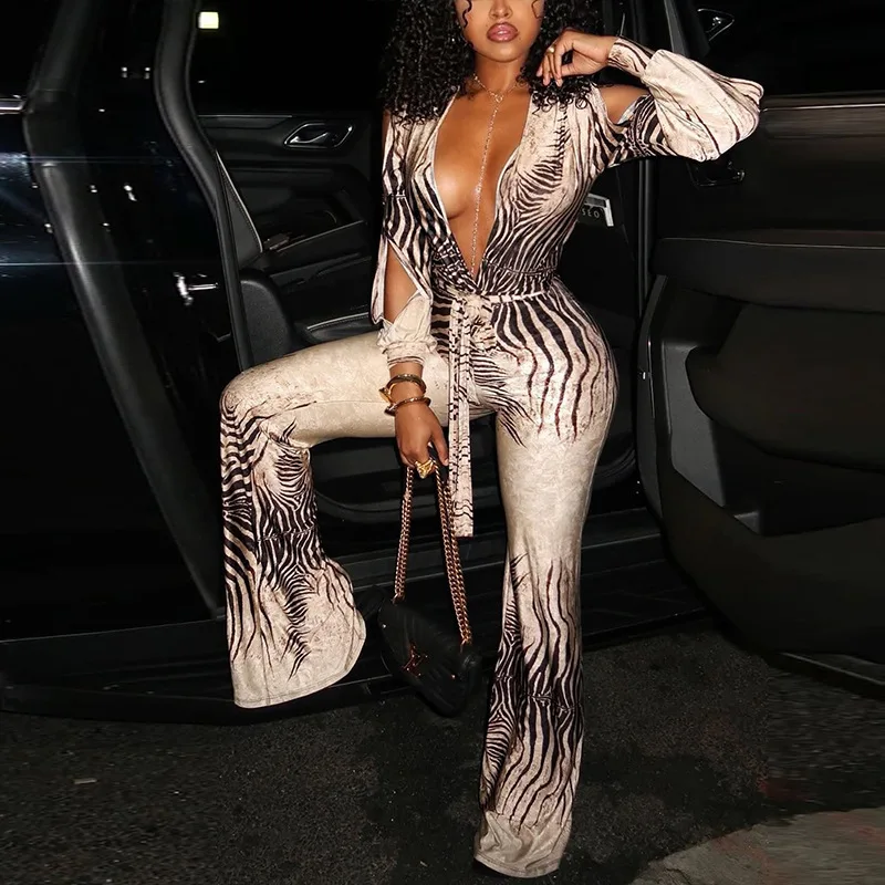 STYLISH LADY Gradient Zebra Stripe Jumpsuit 2026 Summer Women Long Sleeve V Neck Belted High Waist Bell Bottom Street Jumpsuit