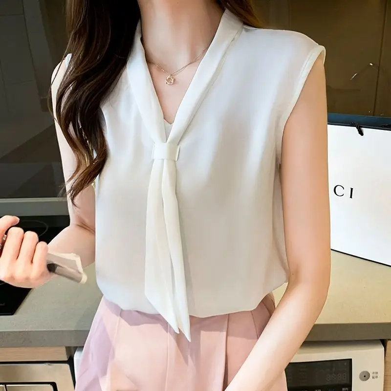 Chiffon Floral Women's Shirt Tops New Summer Sleeveless Loose Off Shoulder Solid Color Elegant Blouse Fashion Office Clothing