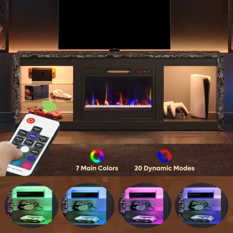 حامل تلفزيون Bestier Modern Electric 7 ألوان LED لأجهزة التلفاز حتى 70 بوصة، رخام أسود