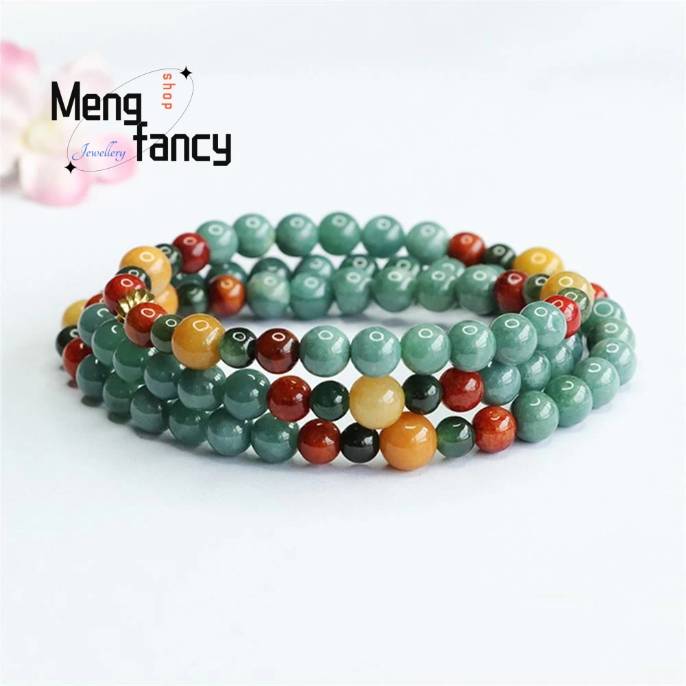 Natural A-goods Jadeite Necklace Blue Water Round Beads Colourful Bracelet Exquisite Elegant Simple High-grade Fashion Jewelry